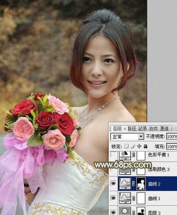 Photoshop将美女婚片调出柔美的秋季黄褐色效果