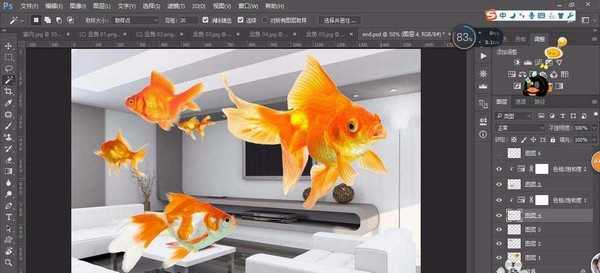 PS怎么制作在室内漂浮的金鱼?