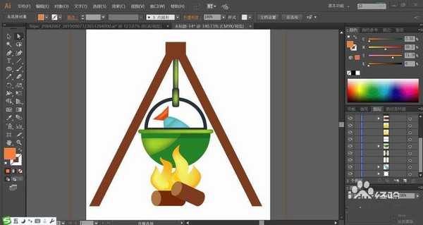 ai怎么设计火堆煮鱼的插画? ai烤鱼架矢量图的画法