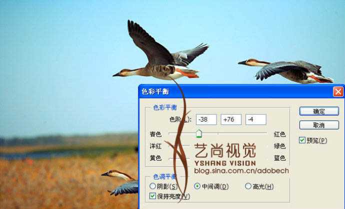 Photoshop 漂亮的青红色大雁起飞图